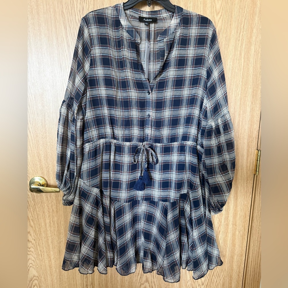 Aakaa Checkered Navy and Beige Sheer Midi Dress